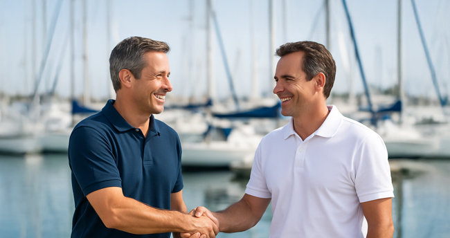 Deux professionnels du nautisme se serrant la main devant un port de voiliers, lors de l’événement Nauti Pro