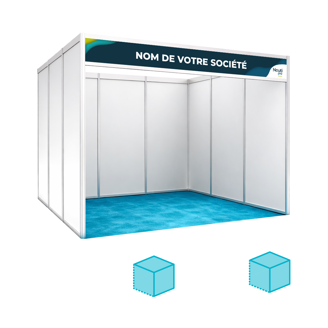 Stand exposant Nauti Pro 3x3 m avec fronton personnalisé et moquette bleue