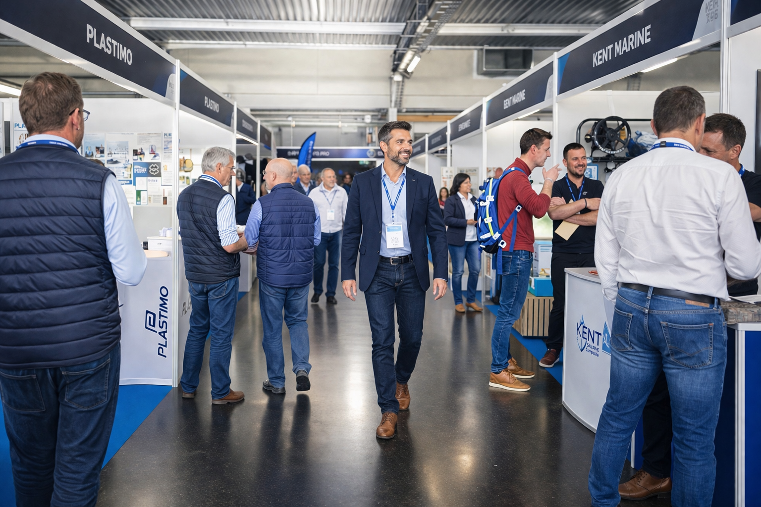 Allée d’un salon nautique professionnel avec exposants et visiteurs échangeant sur les stands