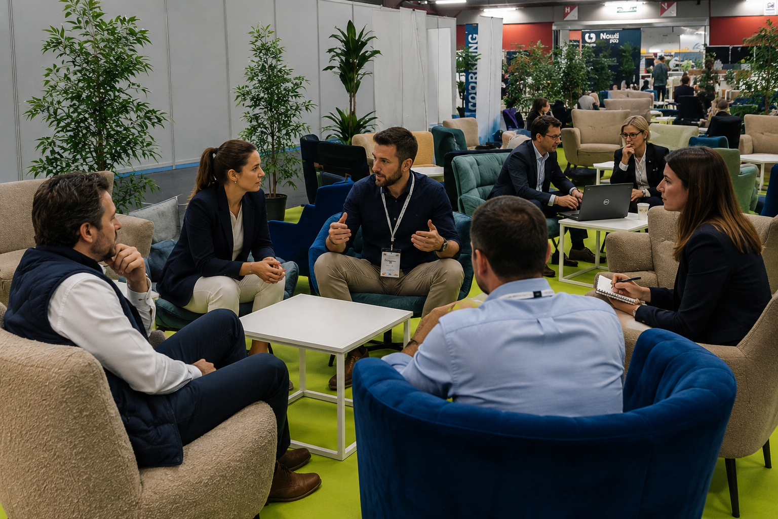 Nauti Pro 2027 – Espace Networking BtoB Professionnels du nautisme échangeant lors d'un espace networking BtoB au salon Nauti Pro à Bordeaux.