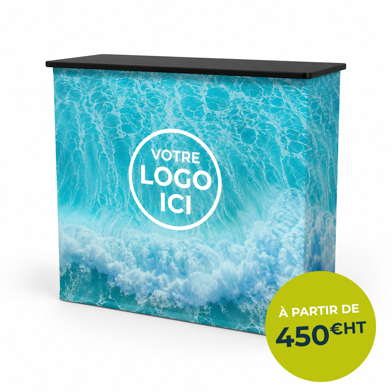 Comptoir d’accueil textile personnalisé avec habillage graphique pour stand professionnel Nauti Pro.