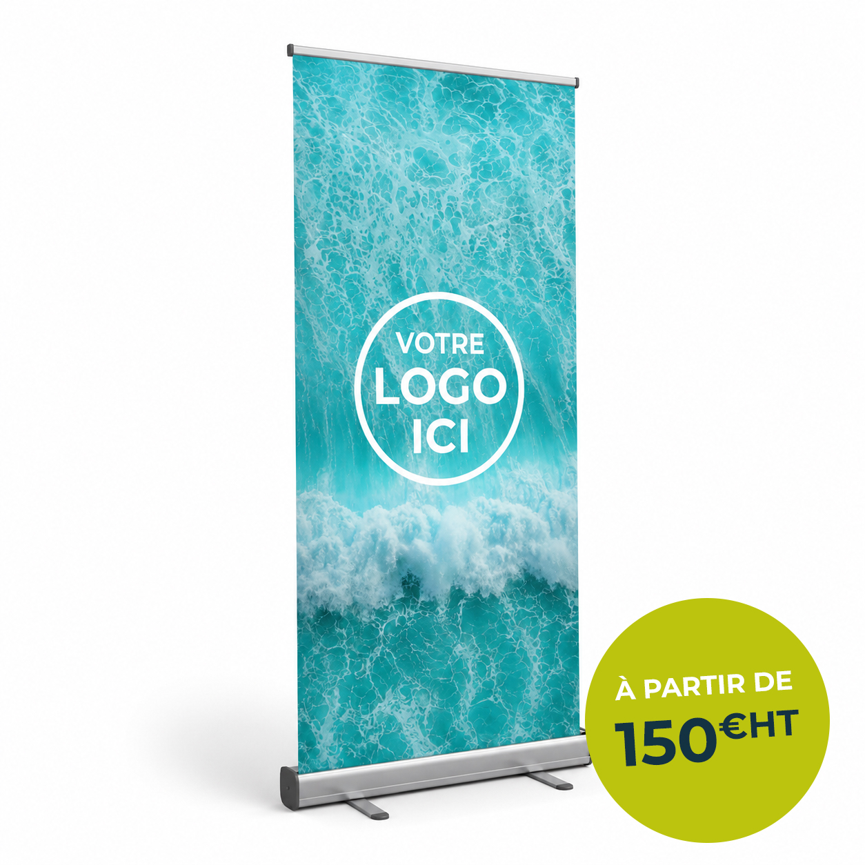 X-Banner personnalisé 80 × 200 cm avec visuel grand format pour salon professionnel, livré installé sur le stand Nauti Pro.