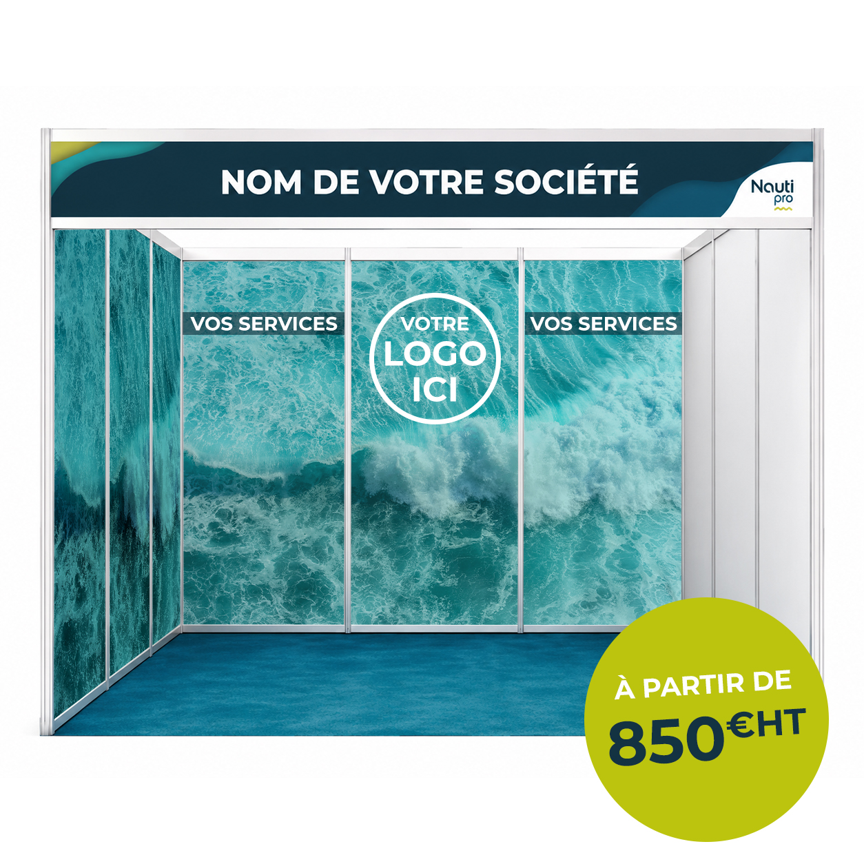 Exemple d’un stand Nauti Pro personnalisé avec habillage du mur de fond et d’un mur latéral, intégrant un visuel grand format, un logo et les services de l’entreprise.