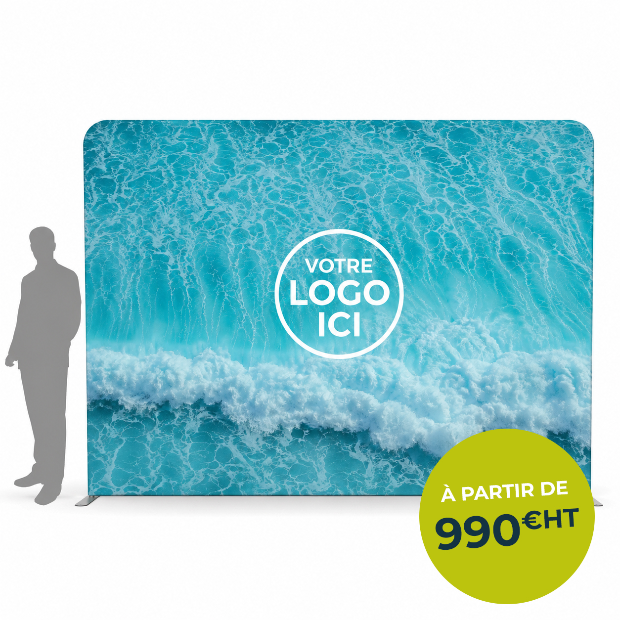 Stand tubulaire textile personnalisé avec impression grand format pour stand d’exposition professionnel.